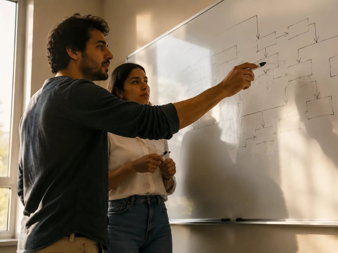 Duas pessoas riscando no quadro branco o esqueleto de uma tese